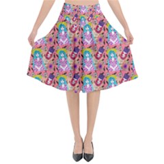 Blue Haired Girl Pattern Pink Flared Midi Skirt