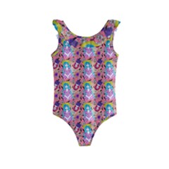 Blue Haired Girl Pattern Pink Kids  Frill Swimsuit