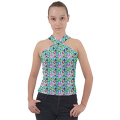 Blue Haired Girl Pattern Green Cross Neck Velour Top