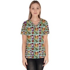 Purple Glasses Girl Pattern Blue Women s V-neck Scrub Top