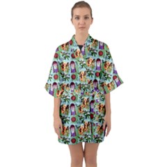 Purple Glasses Girl Pattern Blue Half Sleeve Satin Kimono 