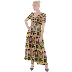 Purple Glasses Girl Pattern Peach Button Up Short Sleeve Maxi Dress