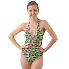 Purple Glasses Girl Pattern Green Halter Cut-out One Piece Swimsuit