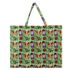 Purple Glasses Girl Pattern Green Zipper Large Tote Bag