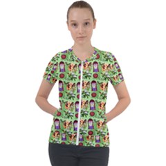 Purple Glasses Girl Pattern Green Short Sleeve Zip Up Jacket by snowwhitegirl