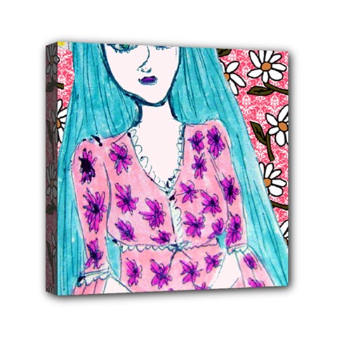 Blue Haired Girl Wall Mini Canvas 6  X 6  (stretched)