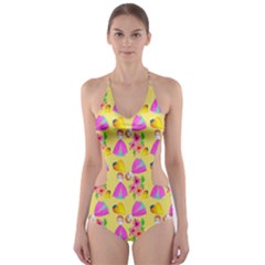 Girl With Hood Cape Heart Lemon Pattern Yellow Cut-out One Piece Swimsuit by snowwhitegirl