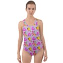 Girl With Hood Cape Heart Lemon Pattern Lilac Cut-Out Back One Piece Swimsuit View1