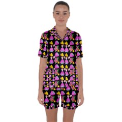 Girl With Hood Cape Heart Lemon Pattern Black Satin Short Sleeve Pyjamas Set