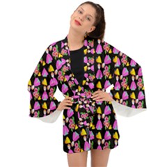Girl With Hood Cape Heart Lemon Pattern Black Long Sleeve Kimono by snowwhitegirl