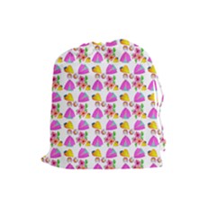 Girl With Hood Cape Heart Lemon Pattern White Drawstring Pouch (Large)