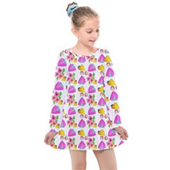 Girl With Hood Cape Heart Lemon Pattern White Kids  Long Sleeve Dress