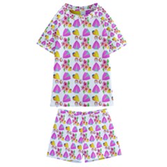 Girl With Hood Cape Heart Lemon Pattern White Kids  Swim Tee and Shorts Set