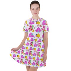 Girl With Hood Cape Heart Lemon Pattern White Short Sleeve Shoulder Cut Out Dress 
