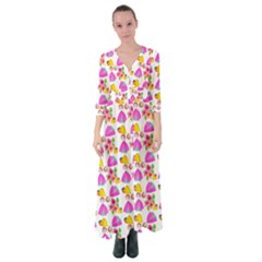 Girl With Hood Cape Heart Lemon Pattern White Button Up Maxi Dress
