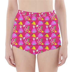 Girl With Hood Cape Heart Lemon Pattern Pink High-waisted Bikini Bottoms