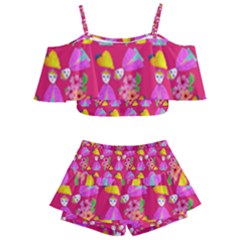 Girl With Hood Cape Heart Lemon Pattern Pink Kids  Off Shoulder Skirt Bikini by snowwhitegirl