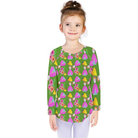 Girl With Hood Cape Heart Lemon Pattern Green Kids  Long Sleeve Tee by snowwhitegirl