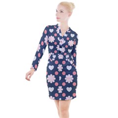 Flowers And Hearts  Button Long Sleeve Dress by MooMoosMumma