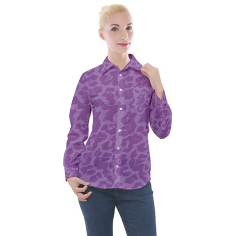 Purple Big Cat Pattern Women s Long Sleeve Pocket Shirt by Angelandspot