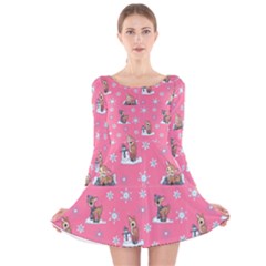 Winter Deer Long Sleeve Velvet Skater Dress (pink) by Steampunkkittie