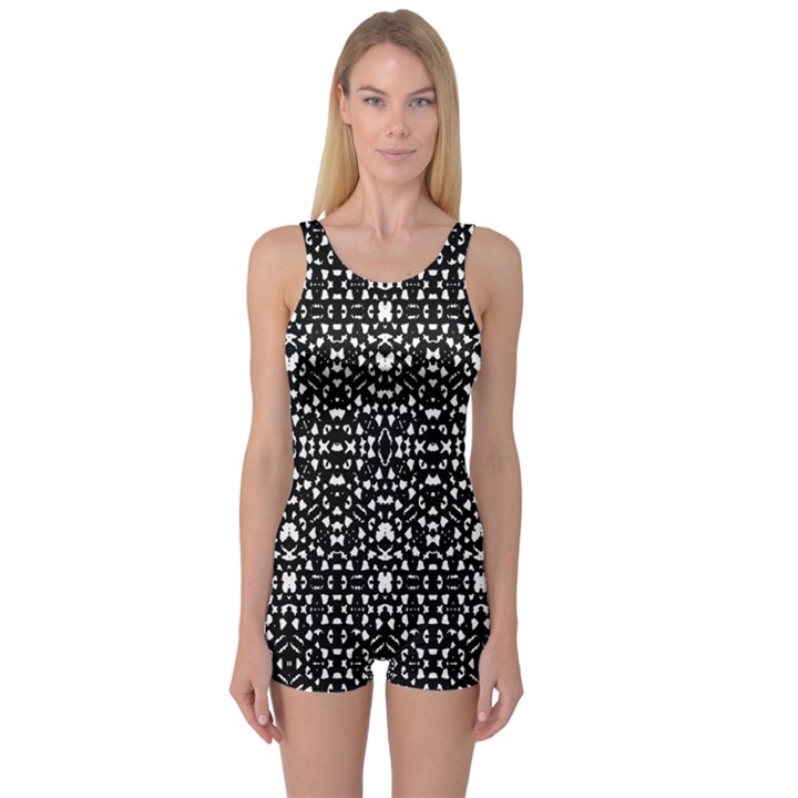 Ethnic Black And White Geometric Print One Piece Boyleg Swimsuit