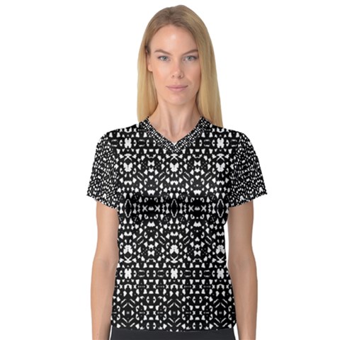 Ethnic Black And White Geometric Print V-neck Sport Mesh Tee by dflcprintsclothing