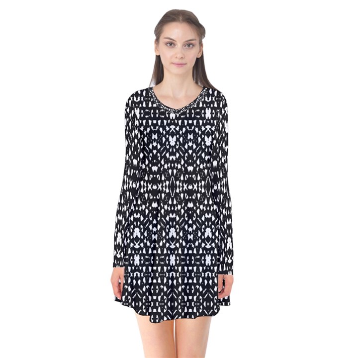 Ethnic Black And White Geometric Print Long Sleeve V-neck Flare Dress