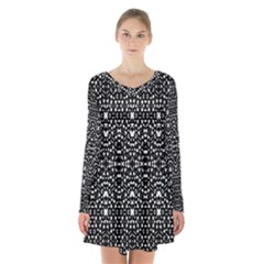 Ethnic Black And White Geometric Print Long Sleeve Velvet V-neck Dress