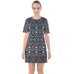 Ethnic Black And White Geometric Print Sixties Short Sleeve Mini Dress