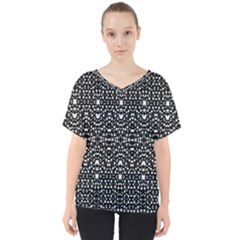 Ethnic Black And White Geometric Print V-Neck Dolman Drape Top