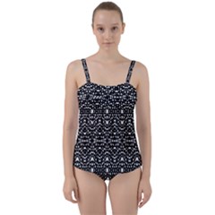 Ethnic Black And White Geometric Print Twist Front Tankini Set