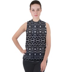 Ethnic Black And White Geometric Print Mock Neck Chiffon Sleeveless Top