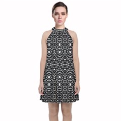 Ethnic Black And White Geometric Print Velvet Halter Neckline Dress 