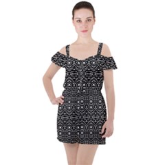 Ethnic Black And White Geometric Print Ruffle Cut Out Chiffon Playsuit