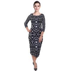 Ethnic Black And White Geometric Print Quarter Sleeve Midi Velour Bodycon Dress