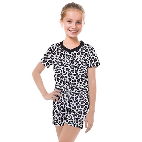 Leopard Spots, White, Brown Black, Animal Fur Print Kids  Mesh Tee And Shorts Set by Casemiro