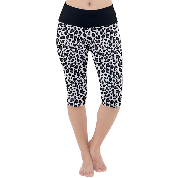 Leopard spots, white, brown black, animal fur print Lightweight Velour Cropped Yoga Leggings