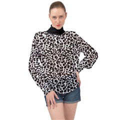 Leopard Spots, White, Brown Black, Animal Fur Print High Neck Long Sleeve Chiffon Top by Casemiro