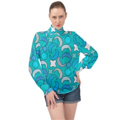 Cloudy Blue Moon High Neck Long Sleeve Chiffon Top by tmsartbazaar