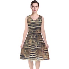Textures Brown Wood V-neck Midi Sleeveless Dress 