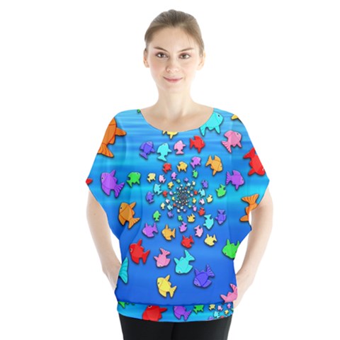 Fractal Art School Of Fishes Batwing Chiffon Blouse by WolfepawFractals