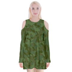 Green Army Camouflage Pattern Velvet Long Sleeve Shoulder Cutout Dress by SpinnyChairDesigns