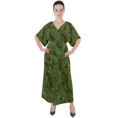 Green Army Camouflage Pattern V-neck Boho Style Maxi Dress by SpinnyChairDesigns