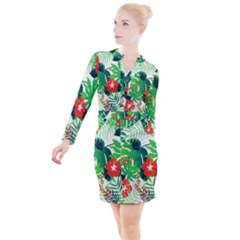 Tropical Leaf Flower Digital Button Long Sleeve Dress