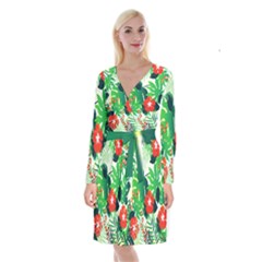 Tropical Leaf Flower Digital Long Sleeve Velvet Front Wrap Dress