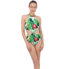 Tropical Leaf Flower Digital Halter Side Cut Swimsuit