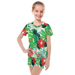 Tropical Leaf Flower Digital Kids  Mesh Tee And Shorts Set