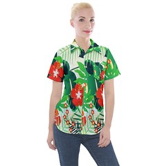 Tropical Leaf Flower Digital Women s Short Sleeve Pocket Shirt