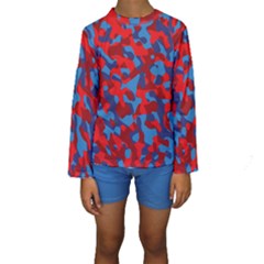 Red And Blue Camouflage Pattern Kids  Long Sleeve Swimwear